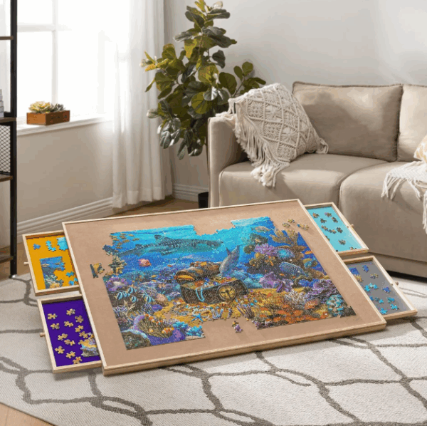Tilt‑Adjustable Wooden Jigsaw Puzzle Table for 1,500‑Piece Puzzles – Portable Puzzle Board with Drawers, Recessed Sorting Trays & Removable Cover