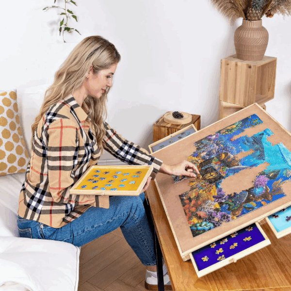 Tilt‑Adjustable Wooden Jigsaw Puzzle Table for 1,500‑Piece Puzzles – Portable Puzzle Board with Drawers, Recessed Sorting Trays & Removable Cover