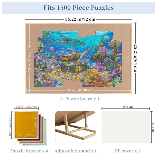 Tilt‑Adjustable Wooden Jigsaw Puzzle Table for 1,500‑Piece Puzzles – Portable Puzzle Board with Drawers, Recessed Sorting Trays & Removable Cover